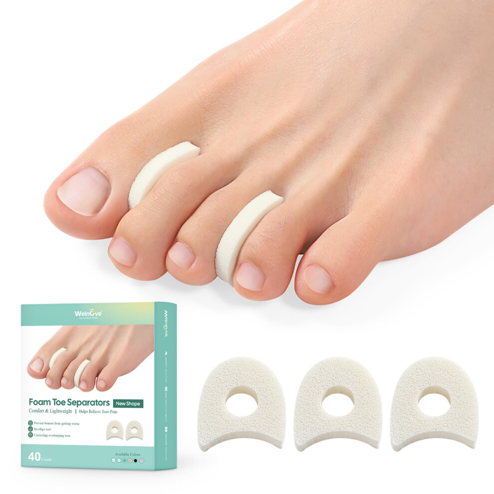 Foam Toe Separators - 40 Pack Toe Spacers for Corn, Blister, and Hammer Toe Relief - Breathable, Adhesive Options for Pain from Bunions, Toe Overlap,