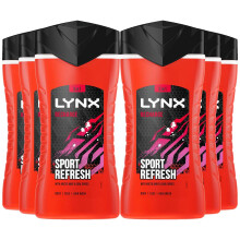 6 Pack of 225ml Lynx Recharge Shower Gel 3 in 1 Sport Refresh with Arctic Mint & Cool Spices BodyWash with Plant-based Moisturisers, Keep Smelling