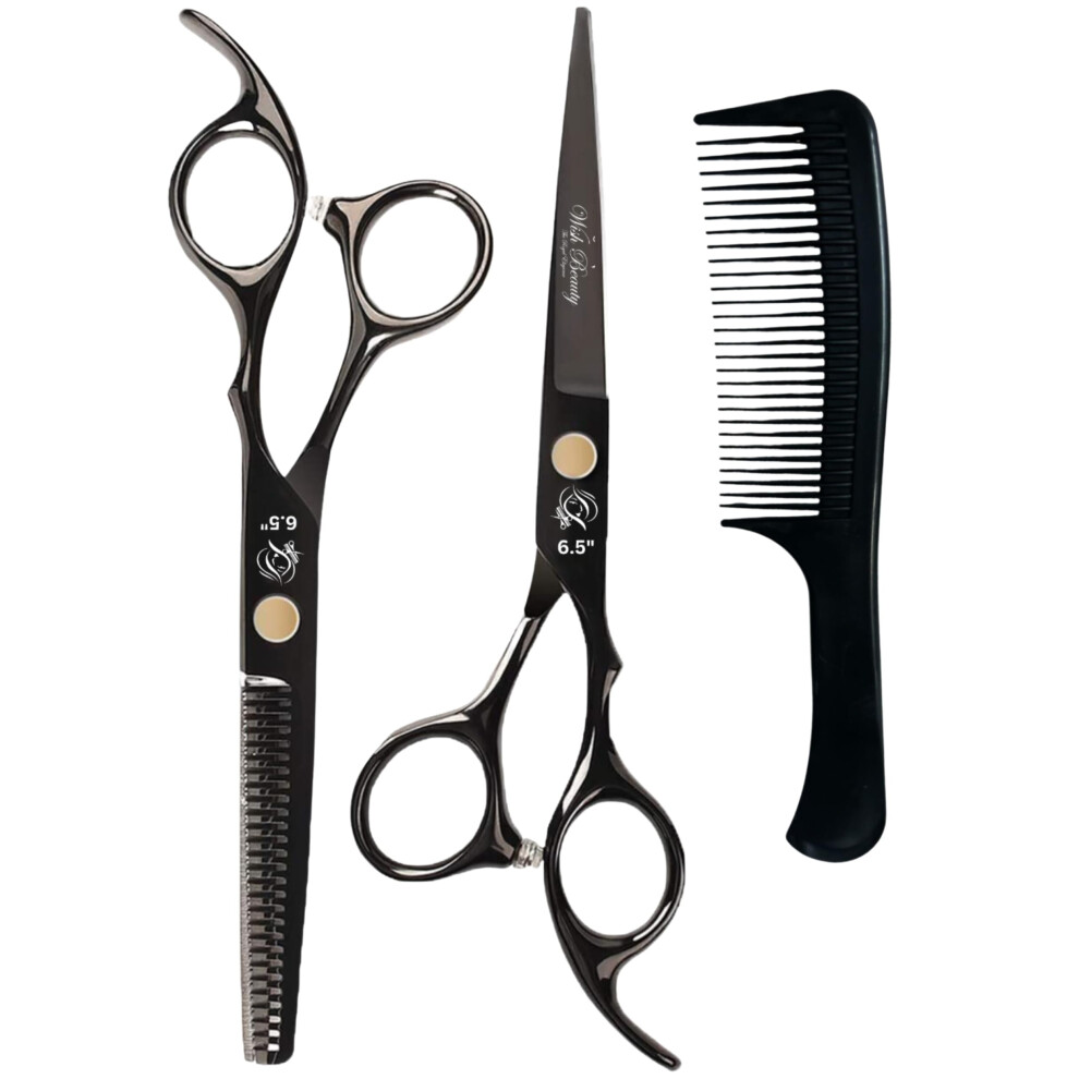 Glamified Glam Black Hairdressing Scissors Set 6.5 Inch Hair Cutting & Thinning Scissors Kit for Men Women Kids Home Salon Barber