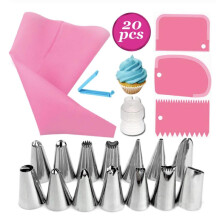 20-Piece Cake Decorating Kit with Silicone Pastry Bag, 14 Piping Tips, 1 Coupler, 3 Cake Scrapers