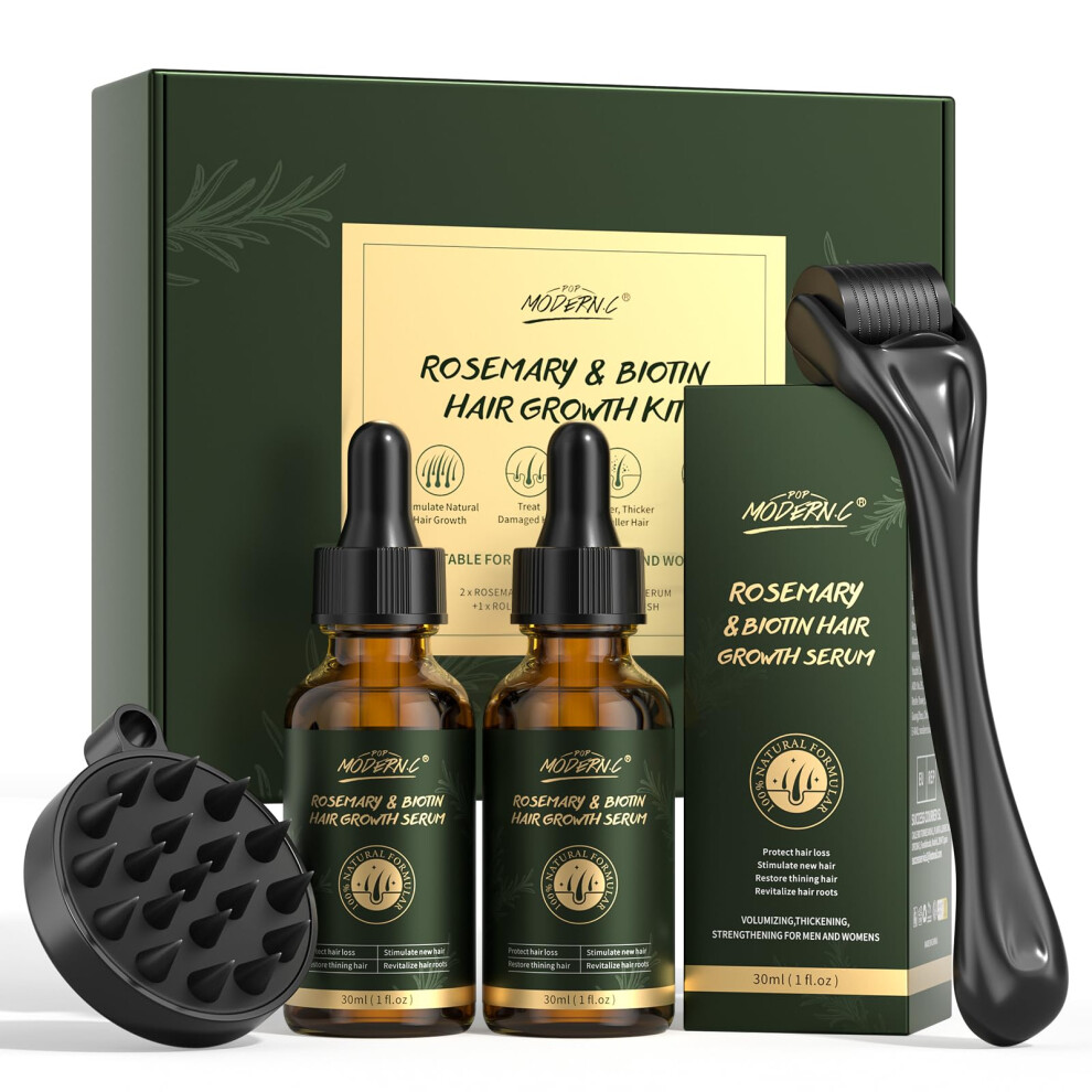 Pop Modern.c Rosemary & Biotin Hair Growth Kit - 2X30ml Serums With Derma Roller & Scalp Massager For Men & Women, Promotes Growth & Thicker, Healthier Hair