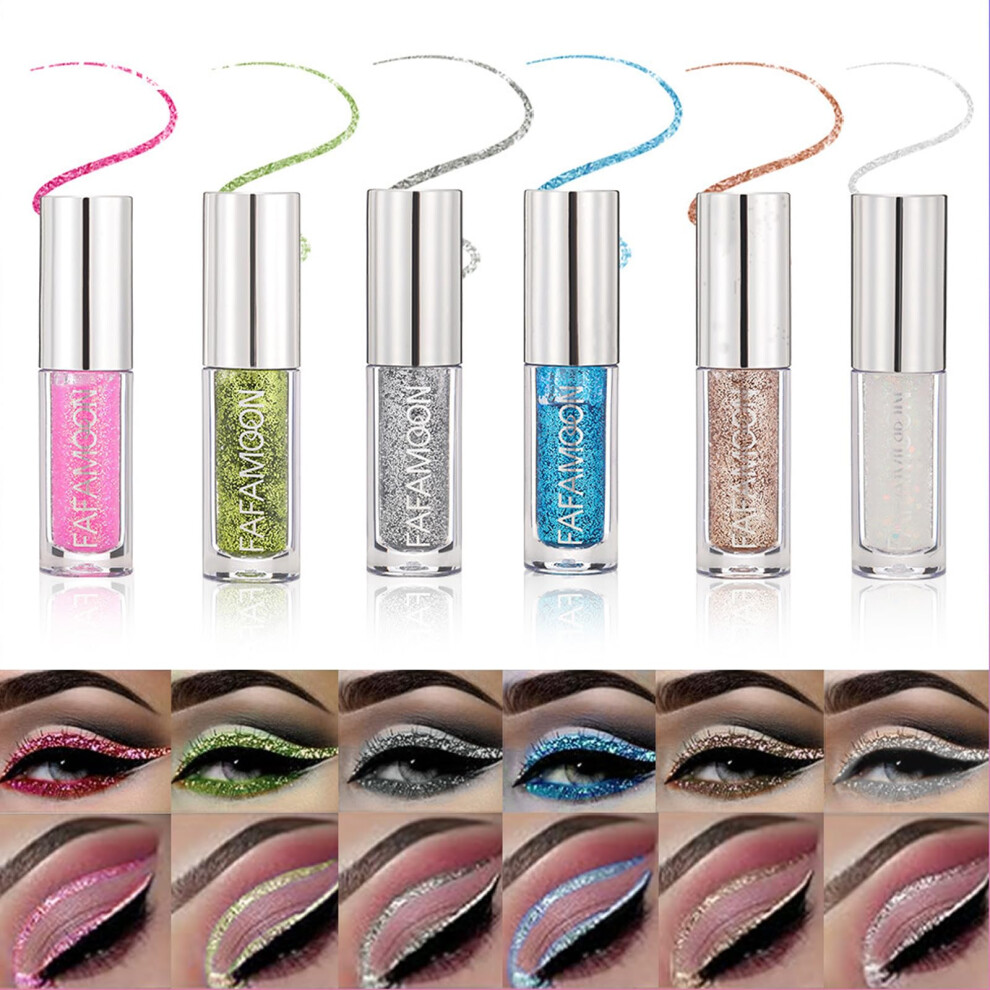 6 Colors Liquid Glitter Eyeliner Set, Metallic Shimmer Eyeshadow, Silver Gold Diamond Eye Liner Stick, Shimmer Waterproof Face Lips Art for Party