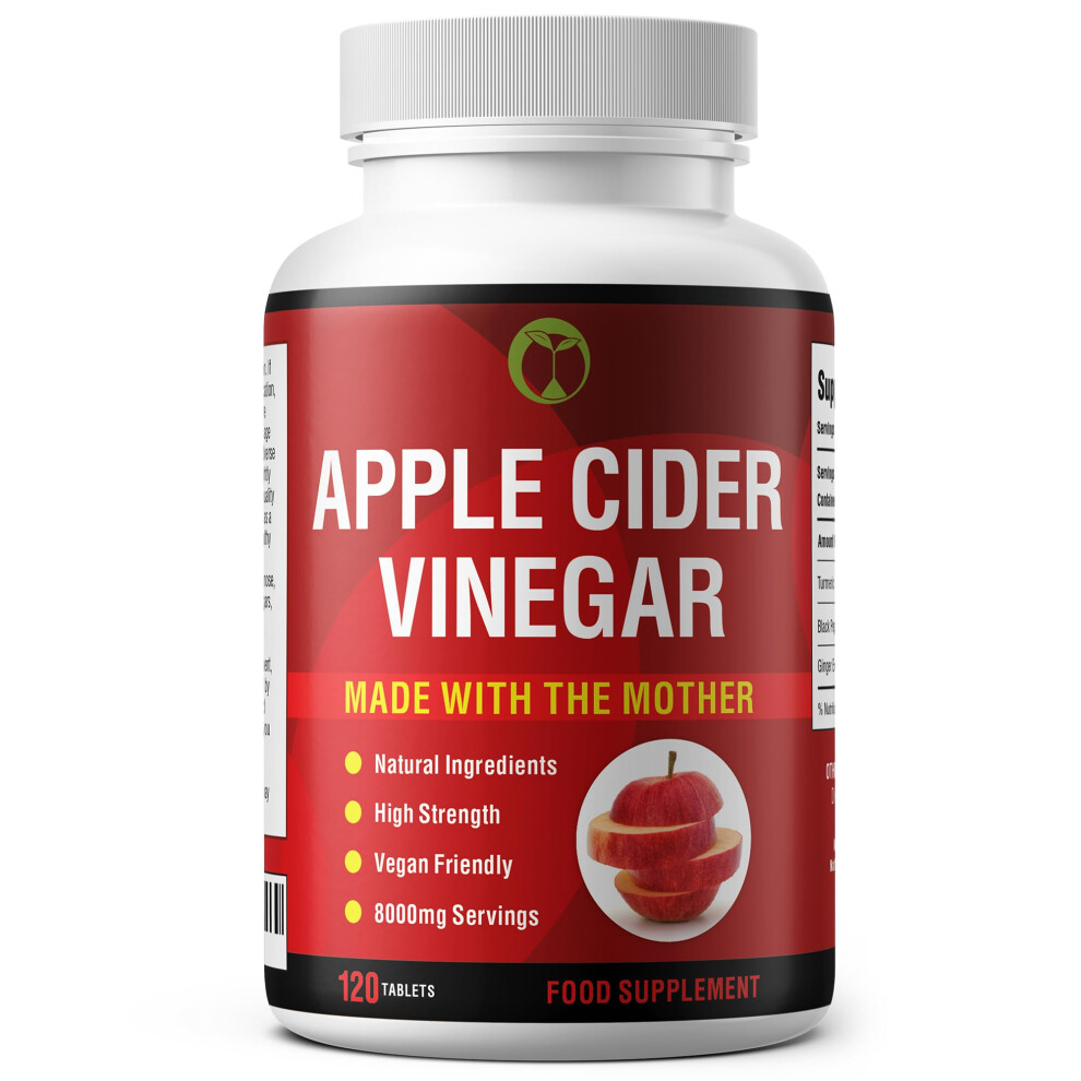 Apple Cider Vinegar with Mother | Raw & Unfiltered | 120 Vegan Tablets | High Strength 8000mg Per Serving | Made in The UK | Natural Food Supplement