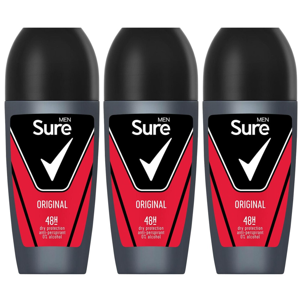 Sure Antiperspirant Roll On Original 48H Sweat And Odour Protection Roll On With Citrusy, Spicy And Woody Scent Deodorant For Men, 50Ml Pack Of 3