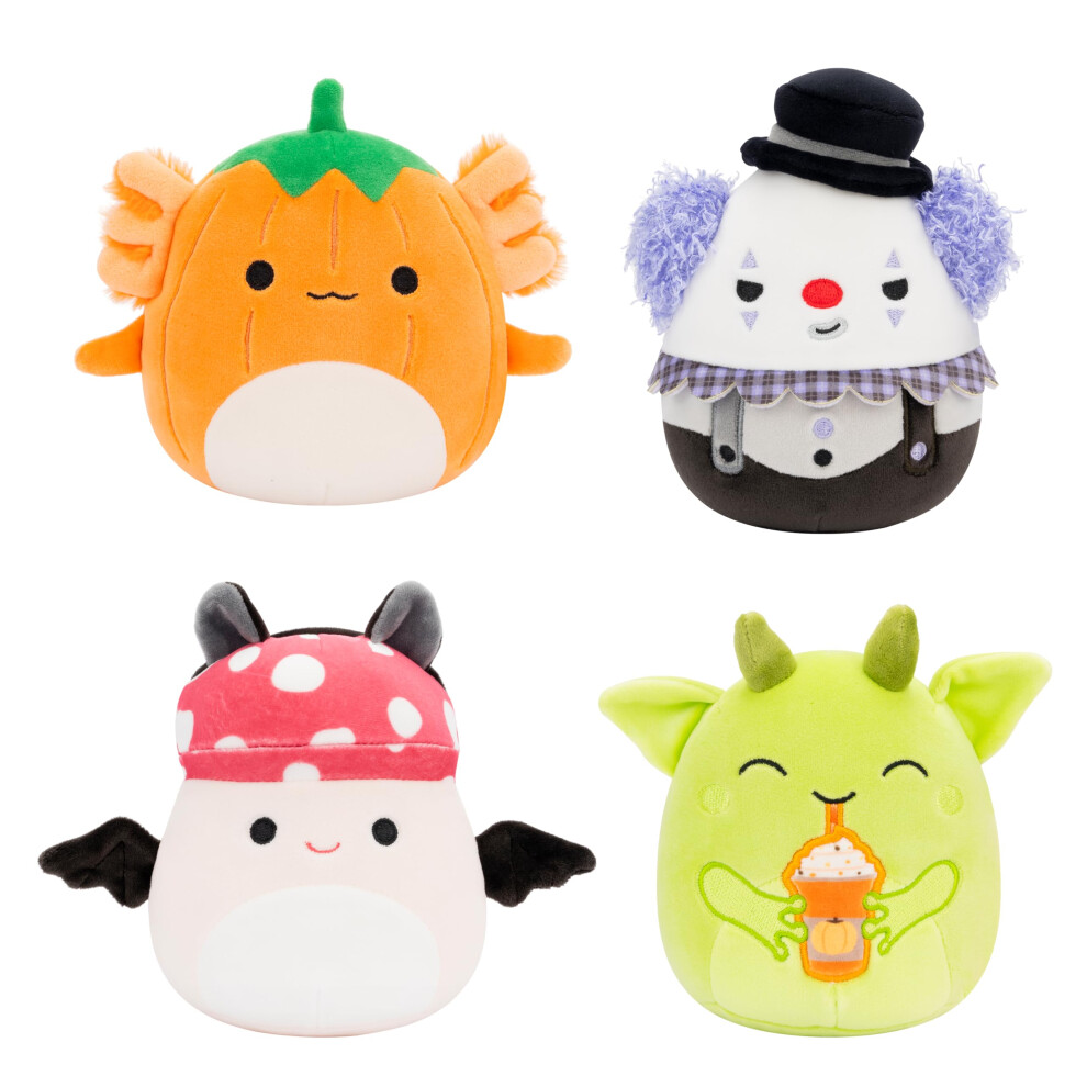 Squishmallows Original 5-Inch Halloween 4-Pack – Gabin Pumpkin Axolotl, Fitzy Goblin Holding Latte, Malcolm Bat Mushroom, Ms. K Clown – Official Jazwares Purple