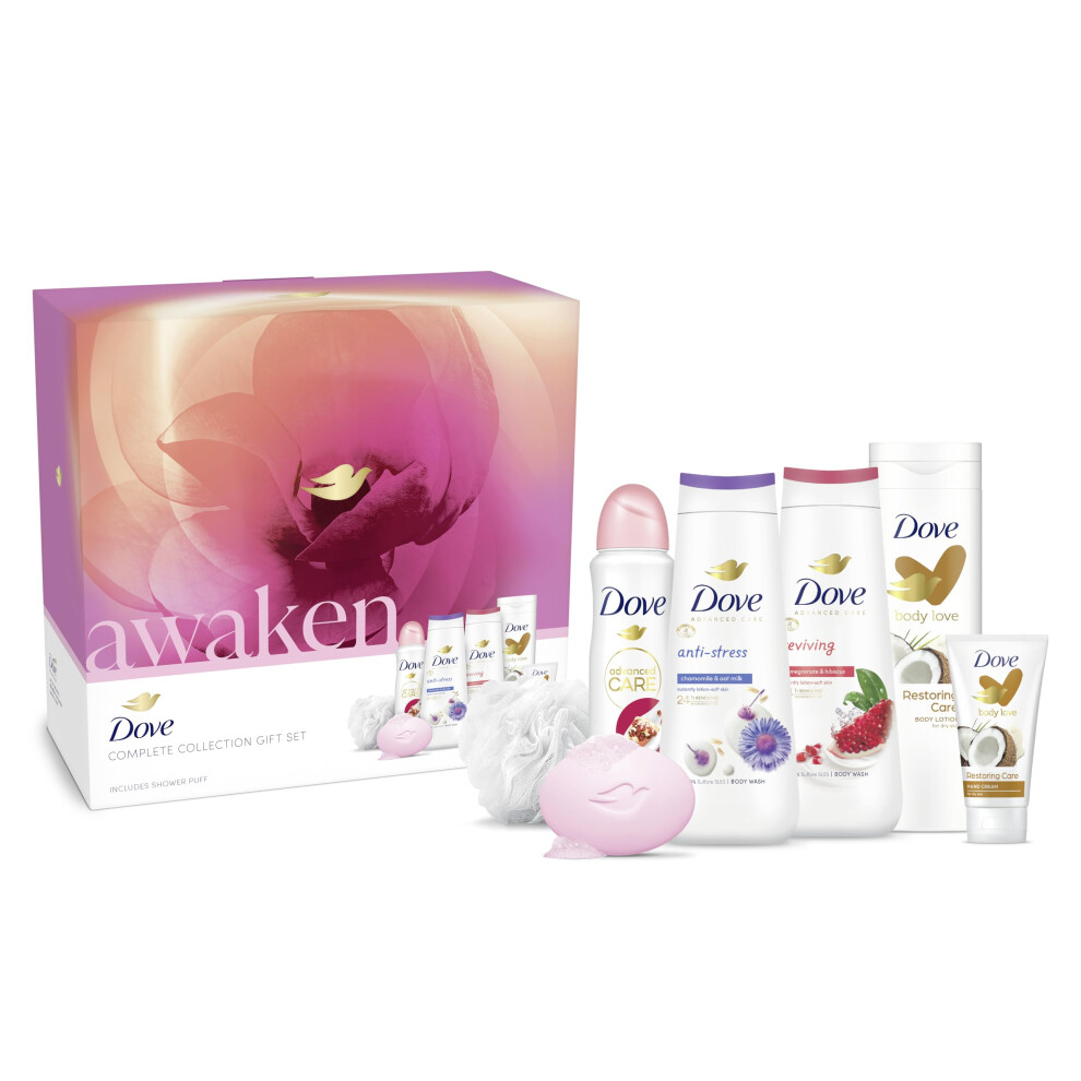 Awaken Complete Collection Gift Set with a luxury shower puff skin care gifts for her 6 piece