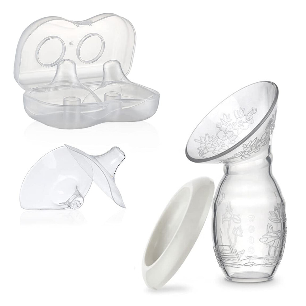 Belltop Manual Breast Pump + 2 Contact Nipple Shields for Breastfeeding + Sterilized Travel Case (BPA Free. Thin Soft Silicone. Hand Milk Collector. Breast