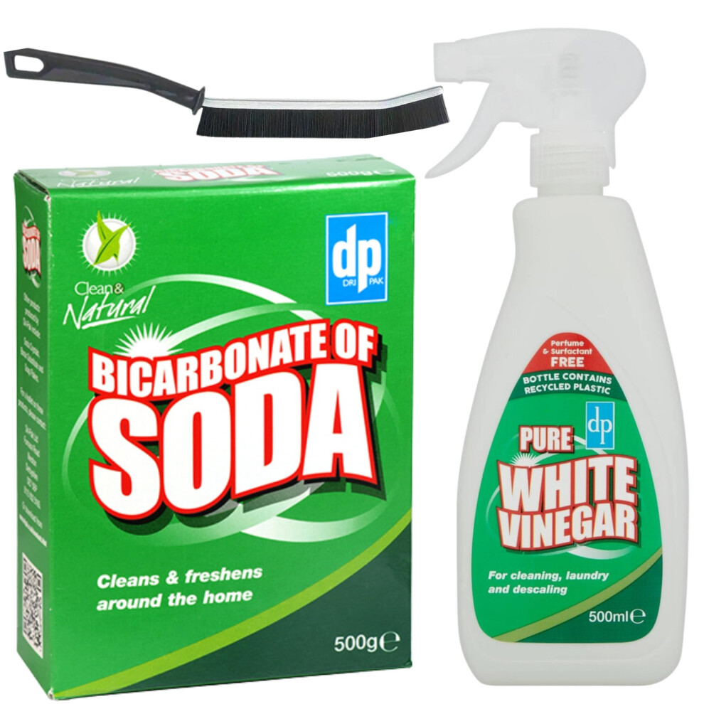Bicarbonate of Soda for Cleaning 500g (Baking soda for cleaning) with White Vinegar Spray 500 ml and Glameno Crevice Brush