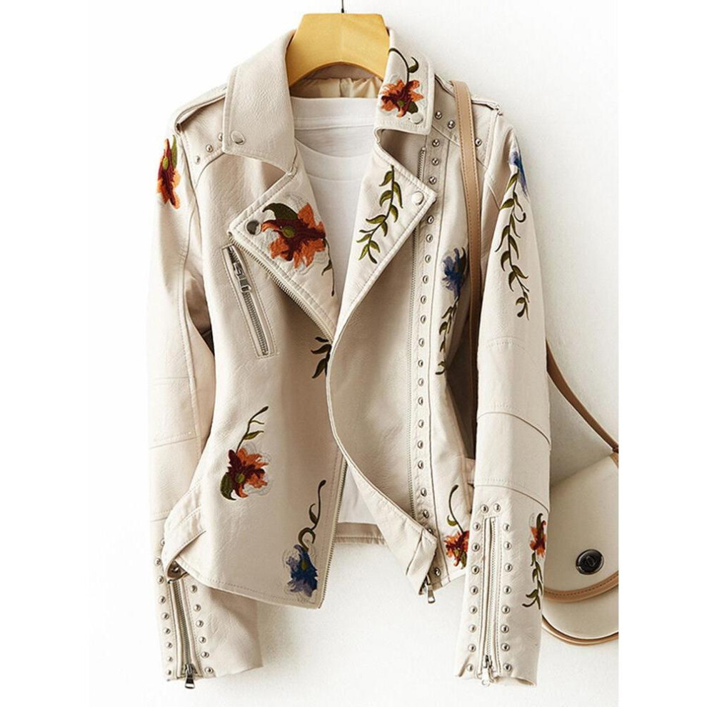 (beige, XL) New Women Retro Floral Print Embroidery Faux Soft Leather Jacket Coat Turndown Collar Pu Moto Biker Black Punk Outerwear