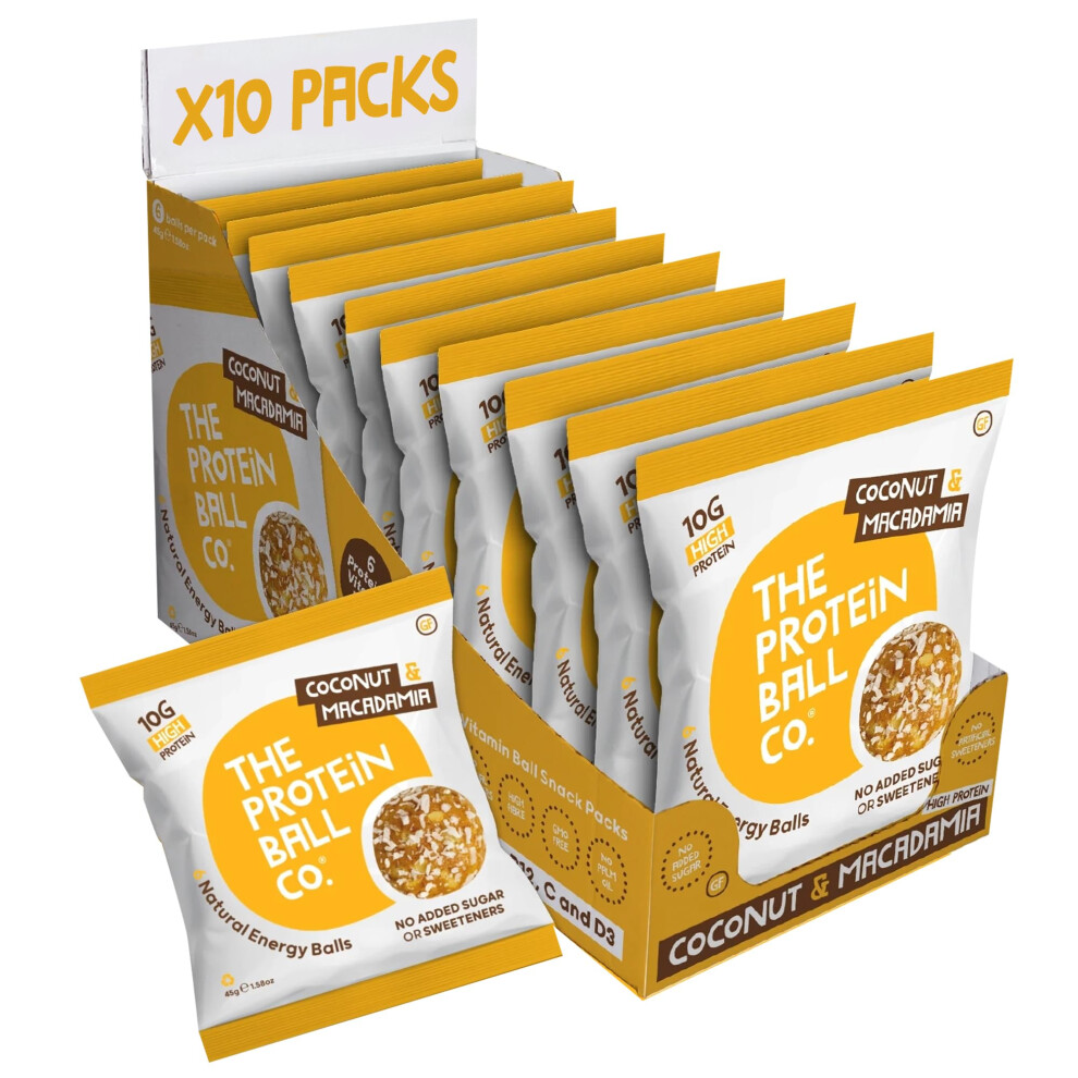 The Protein Ball Co Protein Balls Coconut & Macadamia Flavour By - Natural, Plant Based, Vitamin Enriched Protein Snacks - 10 X 45G Bags - High Fibre,