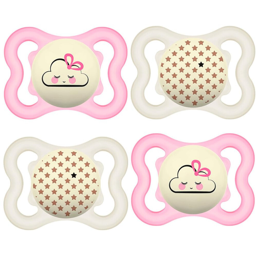 Supreme Night Soothers 0-6 Months (Pack of 4), Thinner and Softer Baby Soother, Glow in The Dark Soother with Self Sterilising Travel Case, Newborn