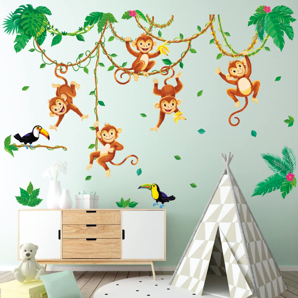 Dwl-2013 Monkeys In Jungle Kids Wall Stickers Decals Peel And Stick Removable For Nursery Bedroom Living Room Art Murals Decorations Decowall