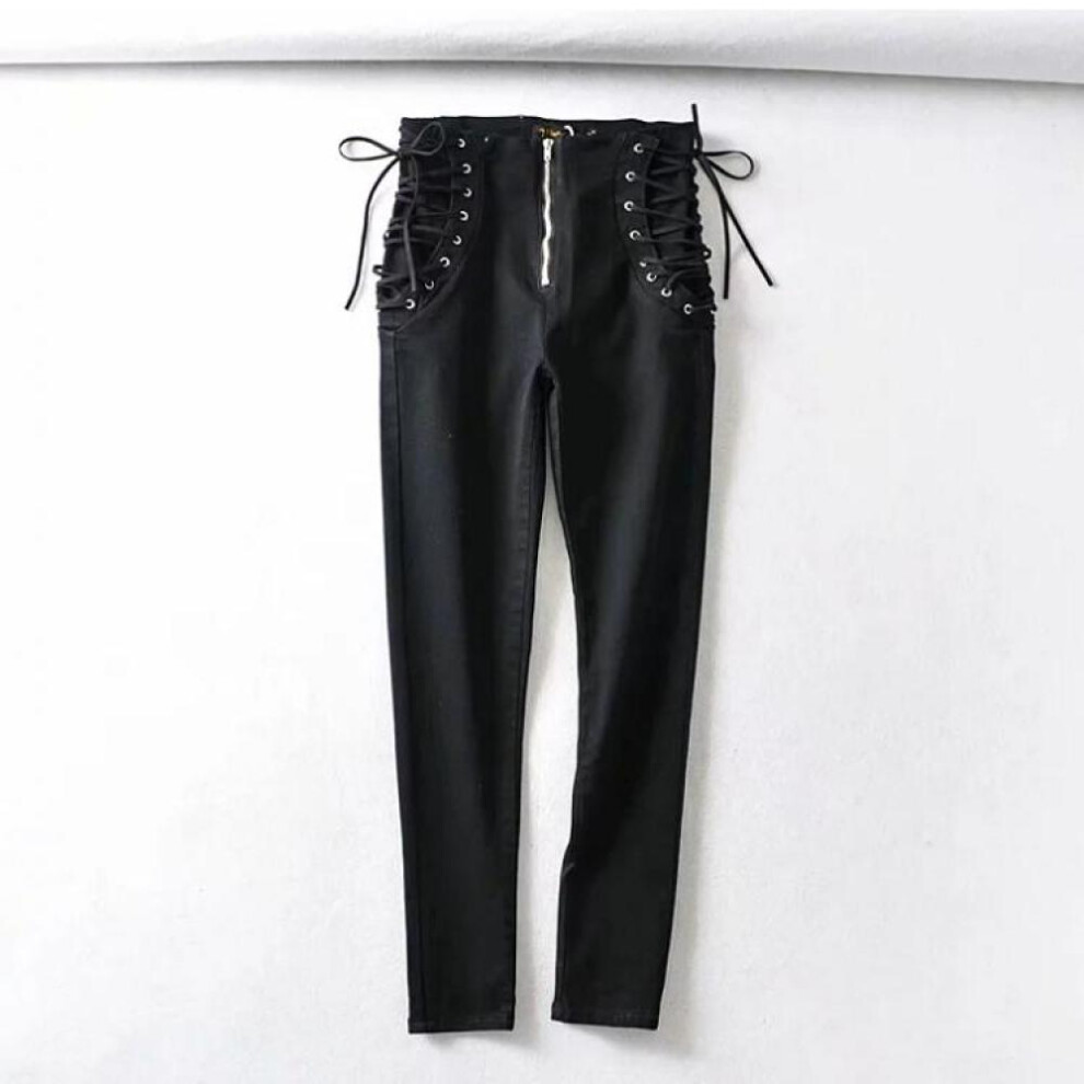 (black, XL) Women&apos;s Fashion High Waist Slim Jeans Skinny Lace Up Elasticity Pants