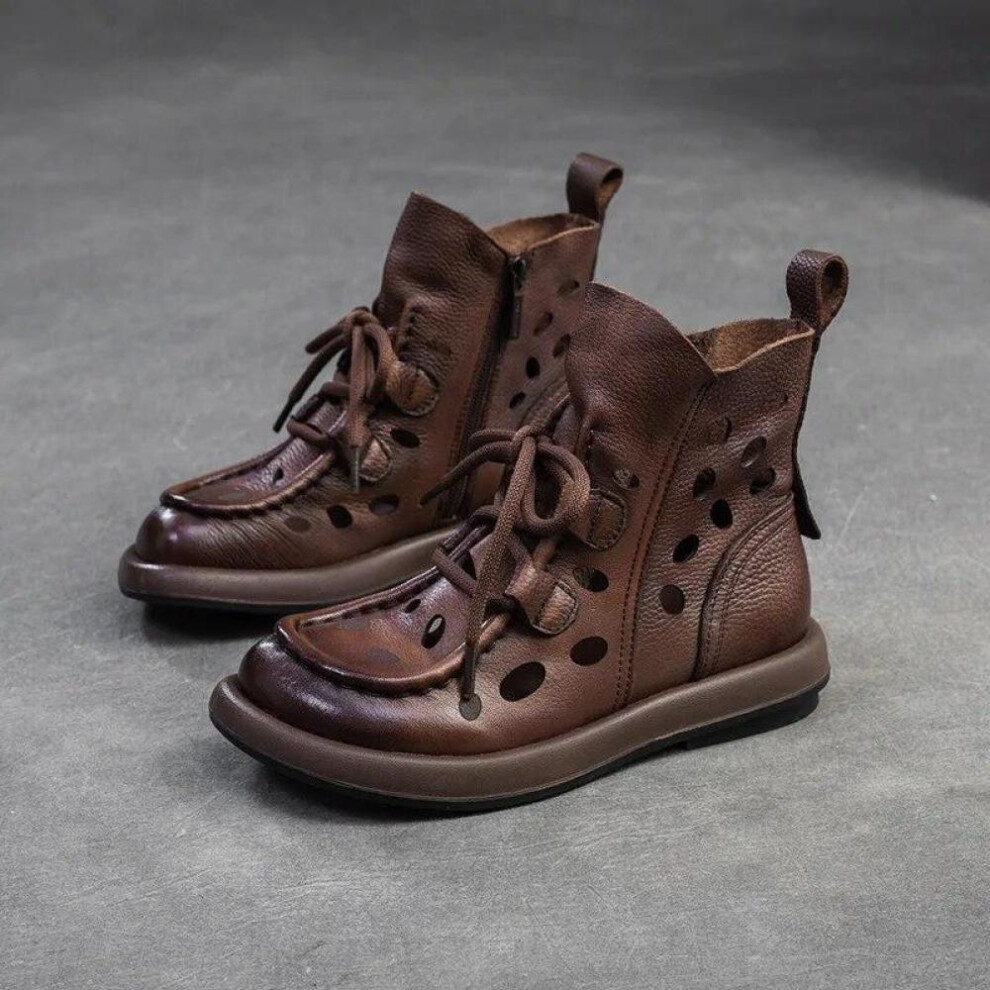 (coffee, 35) Johnature Genuine Leather Sandals Retro Breathable Hollow-out Boots Round Toe Lace-up Women Clogs Shoes