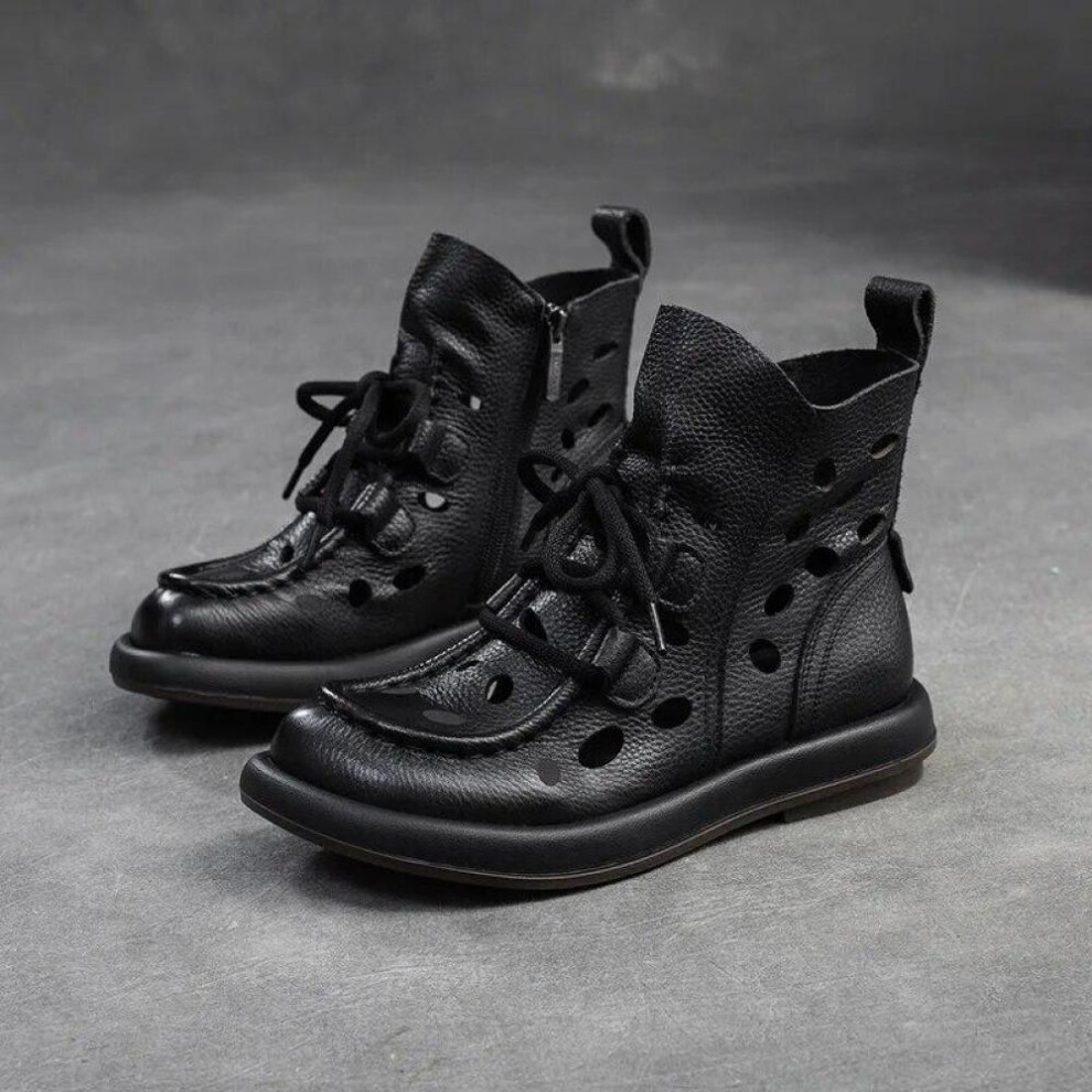 (black, 40) Johnature Genuine Leather Sandals Retro Breathable Hollow-out Boots Round Toe Lace-up Women Clogs Shoes