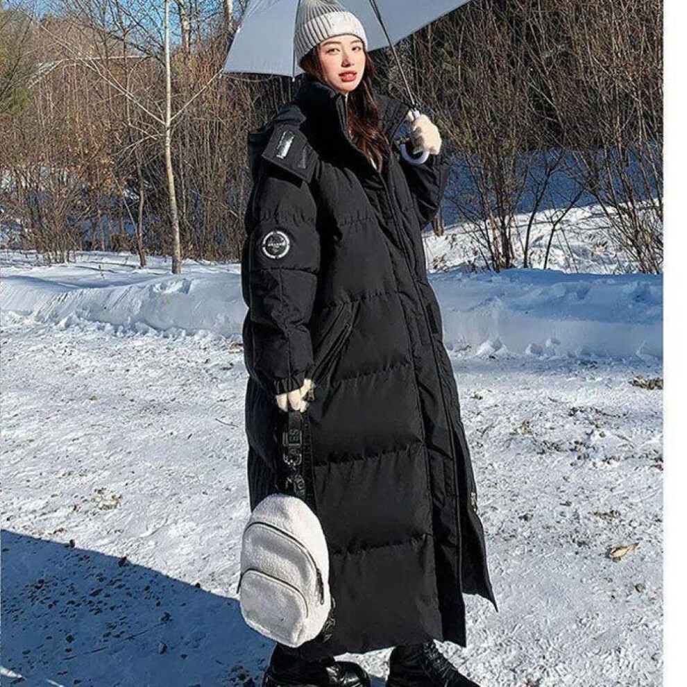 (black, S) Down Padded Jacket Women's Winter Thicker Korean Version Loose Over The Knee Hooded Padded Jacket Cargo Coat