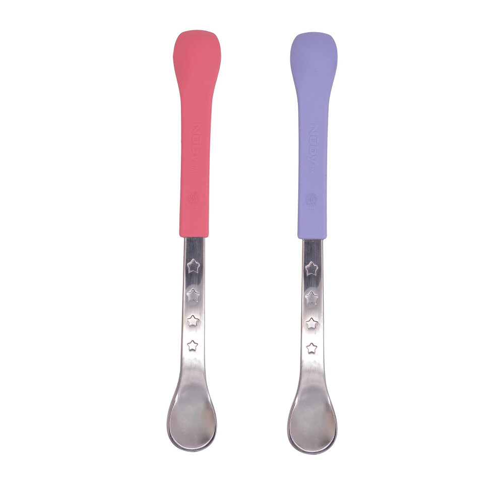 2-in-1 Hot Safe Feeding Spoons - (2-Pack) Spoons for Babies 6+ Months - Pink and Purple