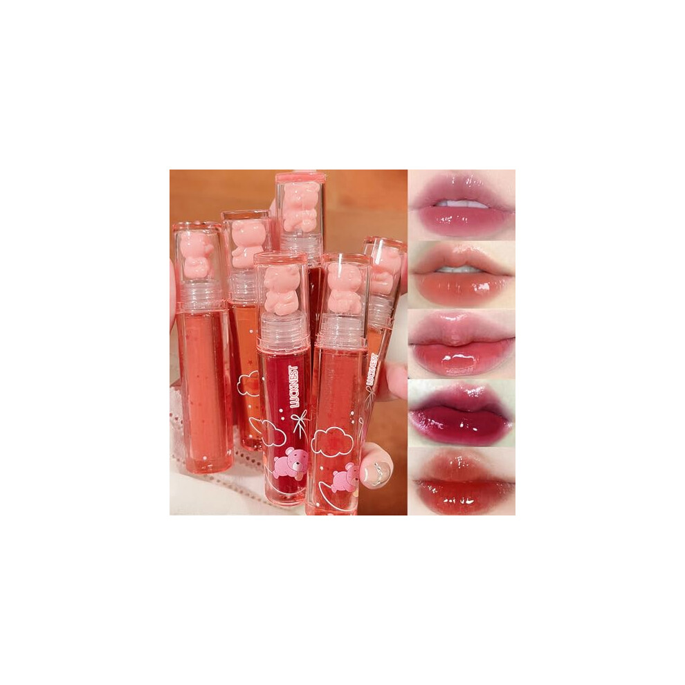Lucknest 6Pcs Bear Lip Glaze Jelly Lipstick, Liquid Lipstick Cute Bear Lipgloss Moisturizing Lip Stain Plumping Water Lip Gloss Waterproof Long Lasting Cheek