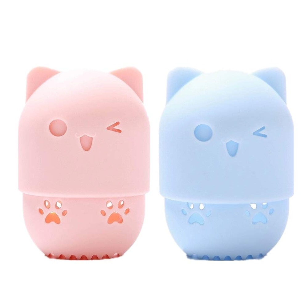 Baixikly 2 Pcs Makeup Sponge Travel Case Makeup Sponge Holder Travel Case Cute Cat Shape Cosmetic Sponge Drying Holder Rack Washable & Reusable Makeup Blender