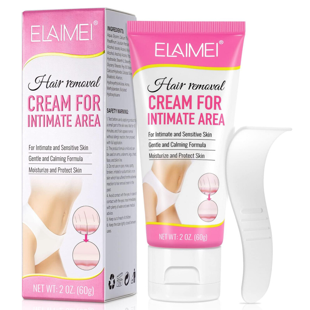 Hair Removal Cream, Intimate Painless Hair Remover for Sensitive Skin - Depilatory Cream for Private Areas, Pubic, Body, and Underarms, 60g