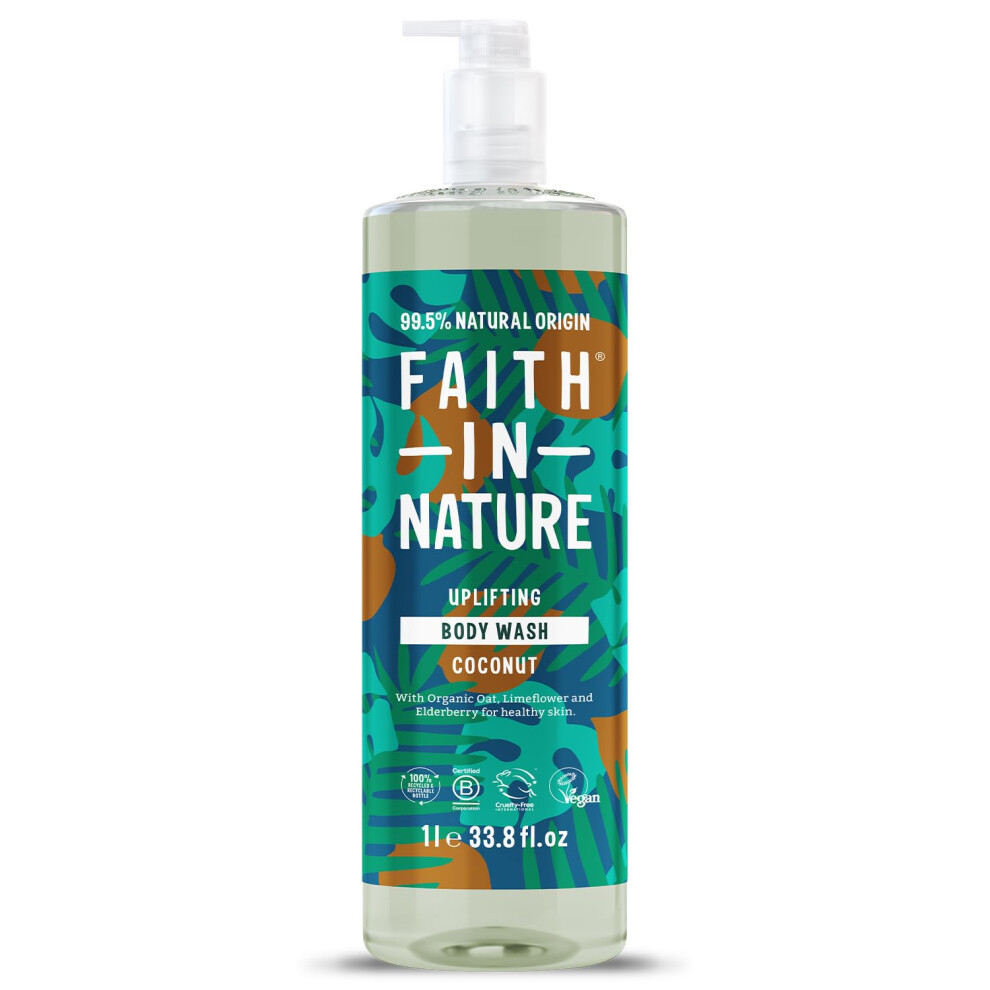 1L Organic Coconut Body Wash, Uplifting Shower Gel, Vegan and Cruelty Free, No SLS or Parabens, Family Size