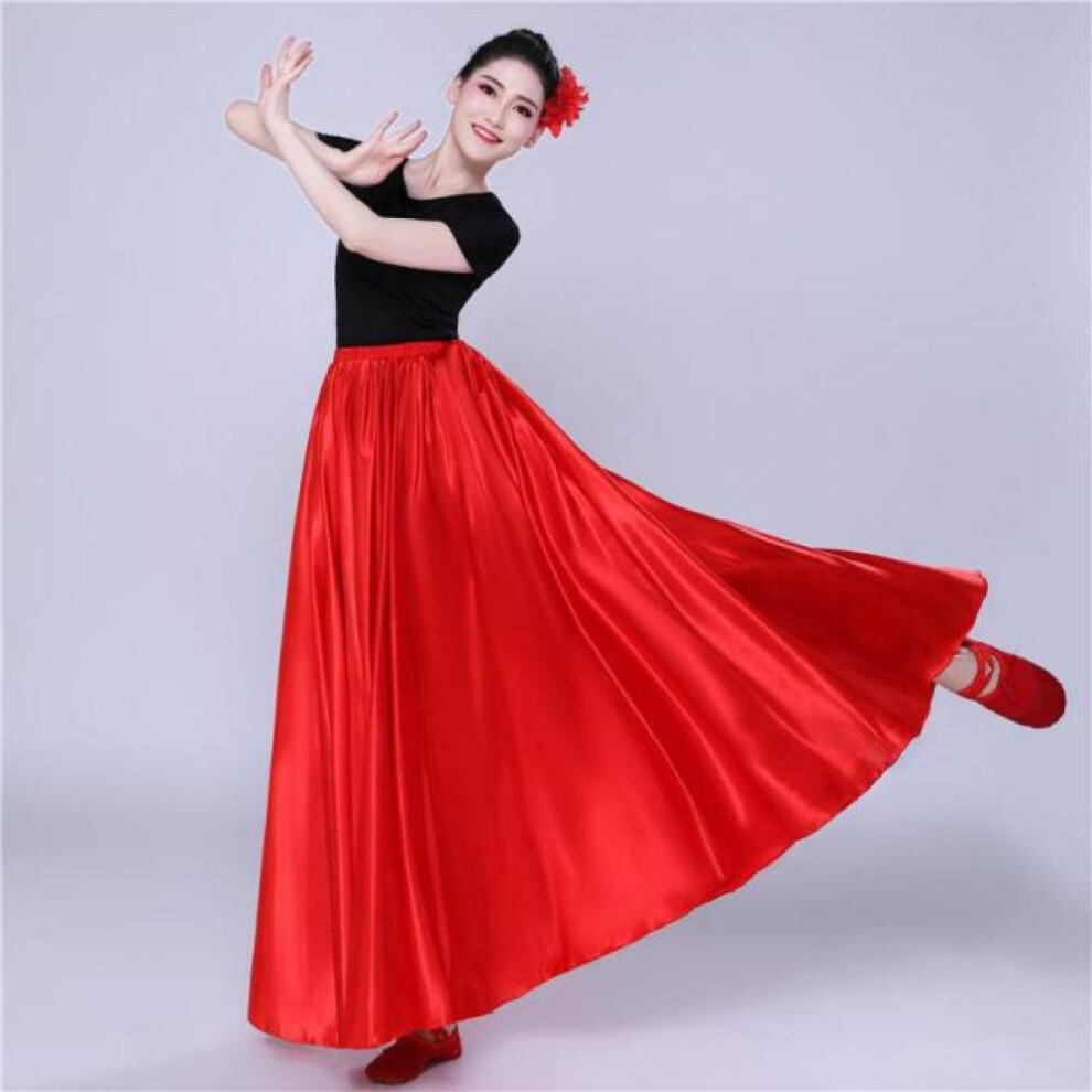 (red, One Size) 360 Degree Satin Skirt Belly Dance Women Gypsy Long Skirts Dancer Practice Wear Assorted Solid Purple Gold Dance Skirt