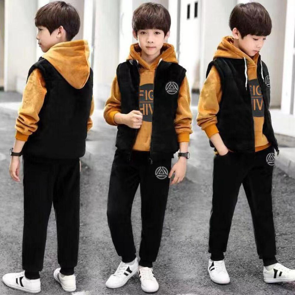 (khaki, 150) Sports Suit For Boys 3pcs/set Children&apos;s Suit Hooded Vest + T-shirts + Pants Boys Kids Sportswear Tracksuit Clothing