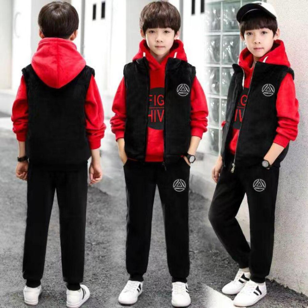 (red, 140) Sports Suit For Boys 3pcs/set Children&apos;s Suit Hooded Vest + T-shirts + Pants Boys Kids Sportswear Tracksuit Clothing