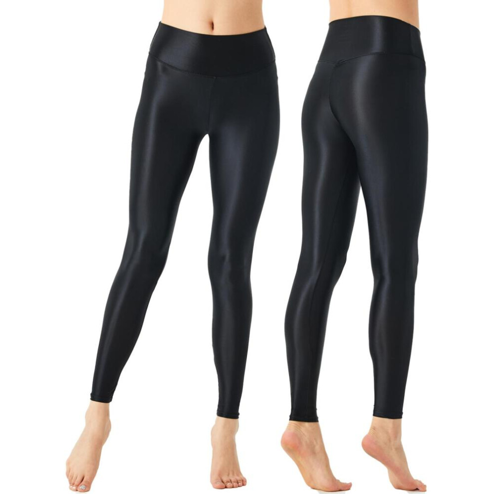 (black, XL) Womens Leggings Solid Color Glossy Stretchy Athletic Pants Yoga Workout Exercise Dance Tights Trousers