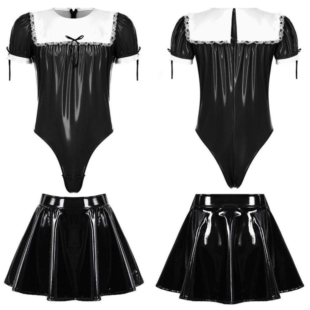 (black, L) Mens Sissy Crossdresser Maid Cosplay Costume Set Patent Leather Puff Sleeve Lace Trim Bodysuit With Flared Skirt
