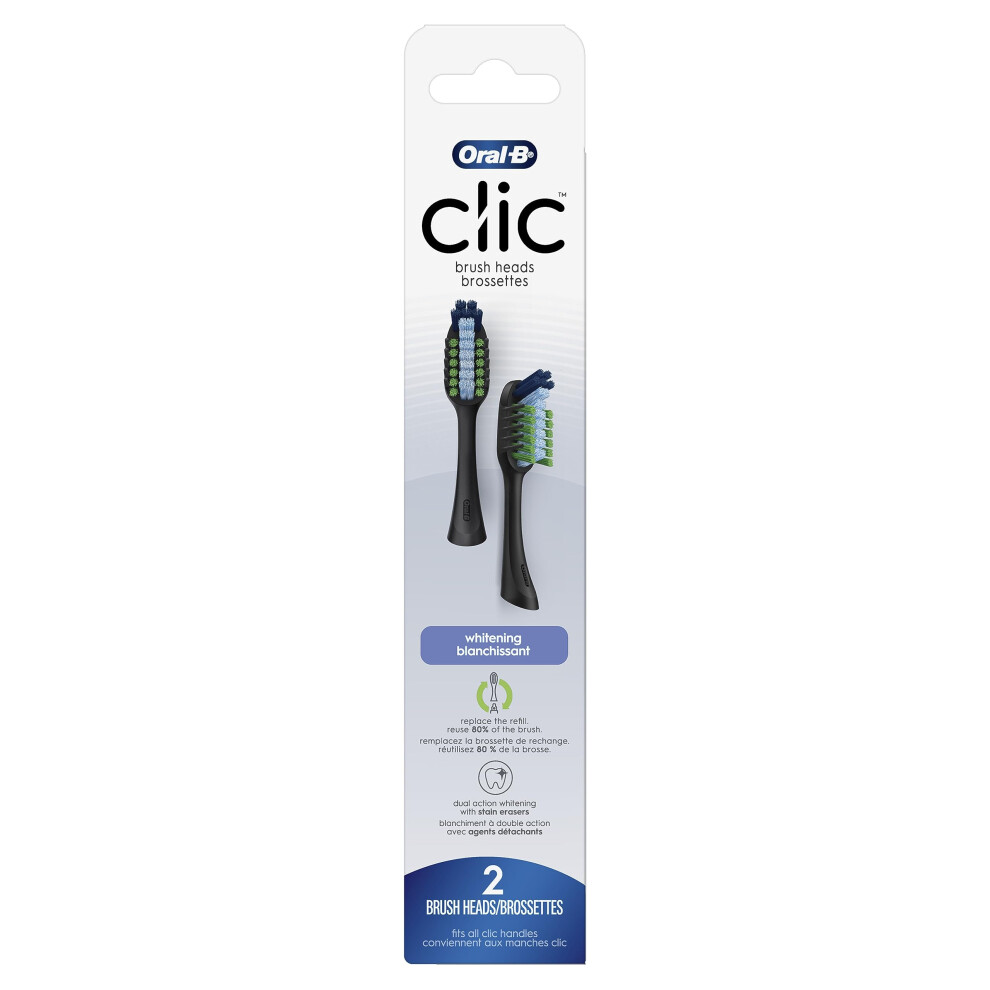 Clic Toothbrush Whitening Replacement Brush Heads, Black, 2 Count