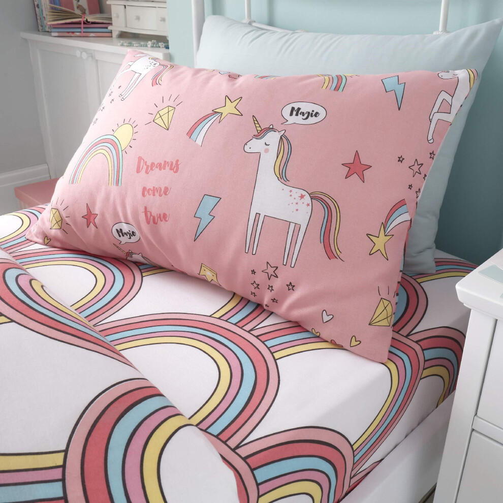 Unicorns & Rainbows Toddler Cot Bed Fitted Sheet - 70X140cm, Model 369, 52% Polyester / 48% Cotton Pink Happy Linen Company