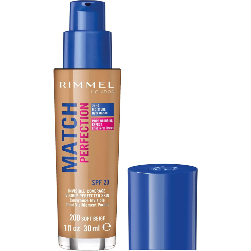 (SOFT BEIGE 200) Rimmel Match Perfection Foundation | Medium Coverage, 24hr Hydration, No Caking or Creasing, Lightweight, Reduces Imperfections