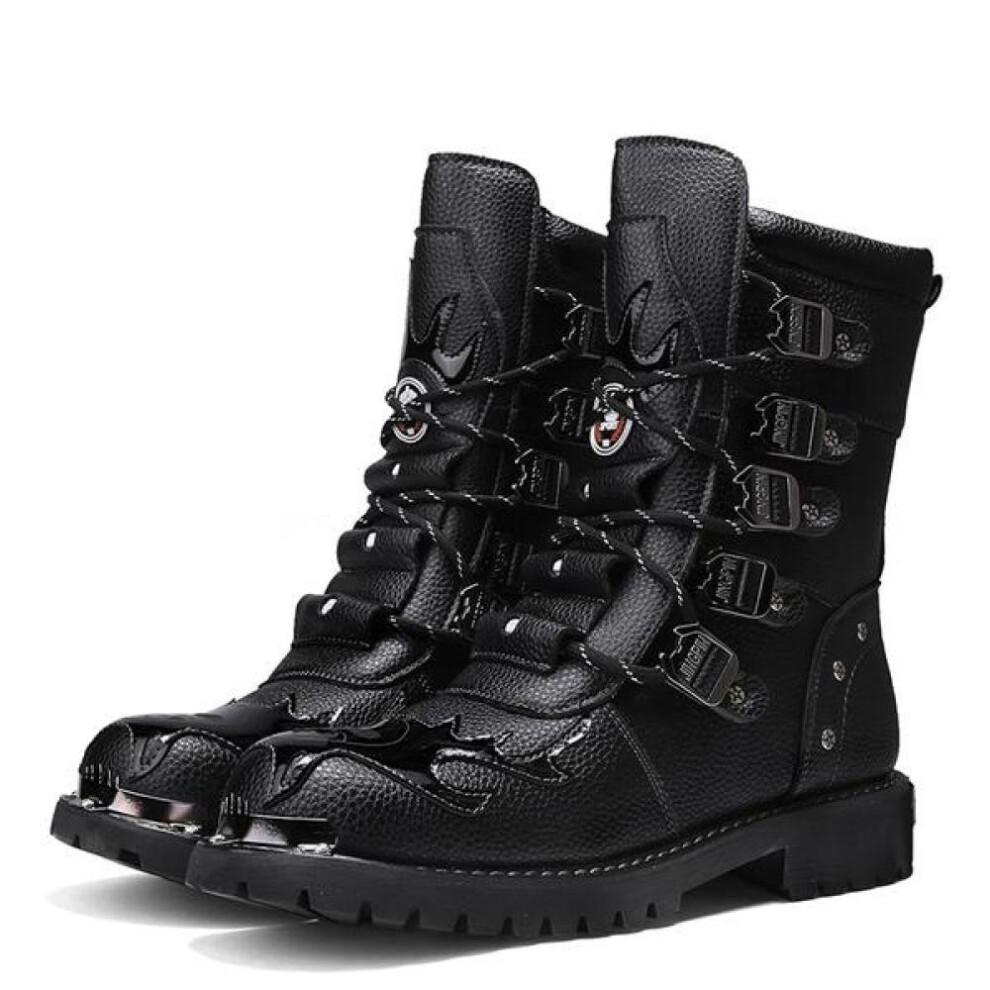 (black, 41) Men&apos;s Cowhide Genuine Leather Work Boots Military Combat Boots Gothic Skull Punk Motorcycle Martin Boots Mens Riding
