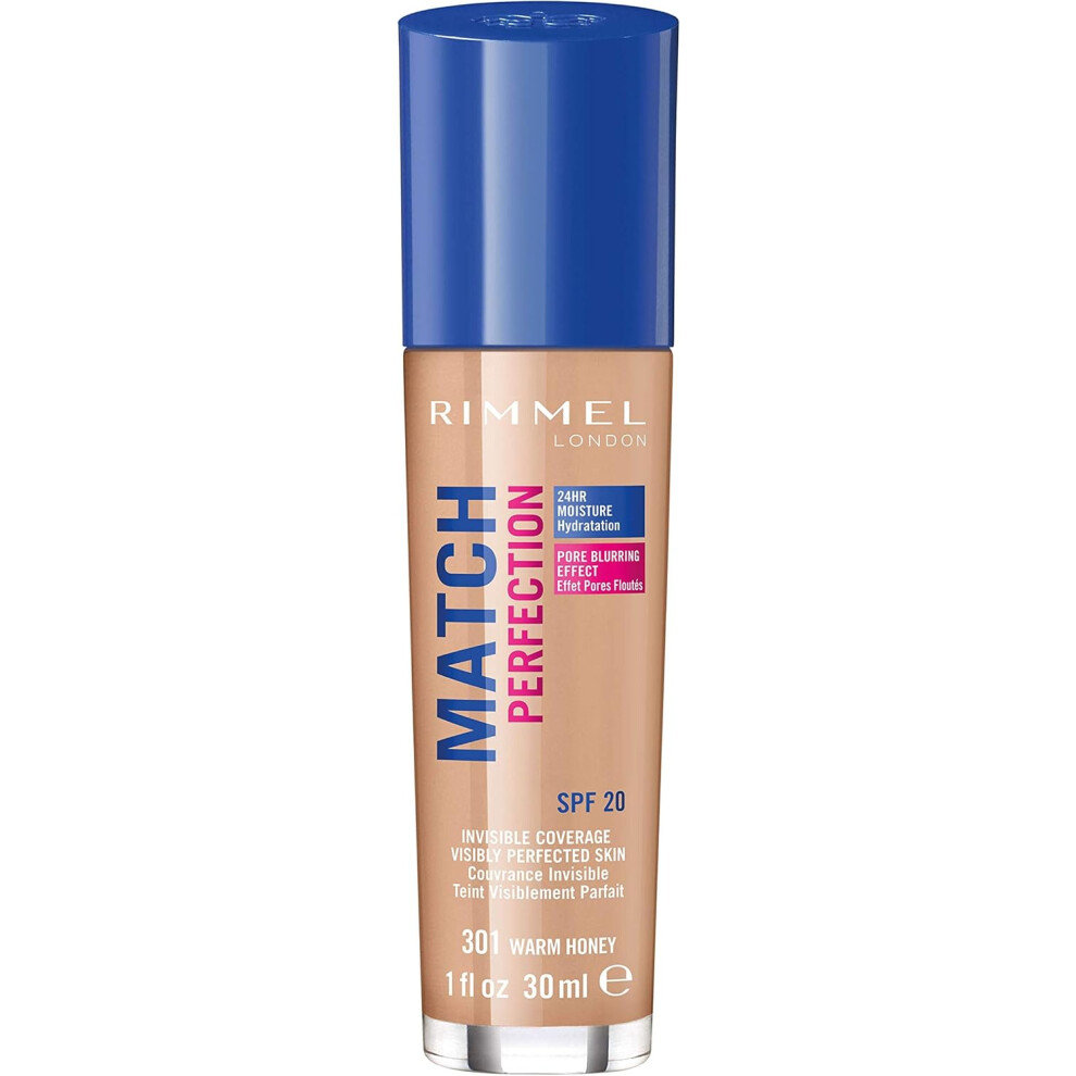 (Rimmel Match Perfection Foundation 301 Warm Honey, Medium Coverage, 24hr Hydration, No Caking or Creasing, Lightweight, ) Rimmel Match Perfection Fou