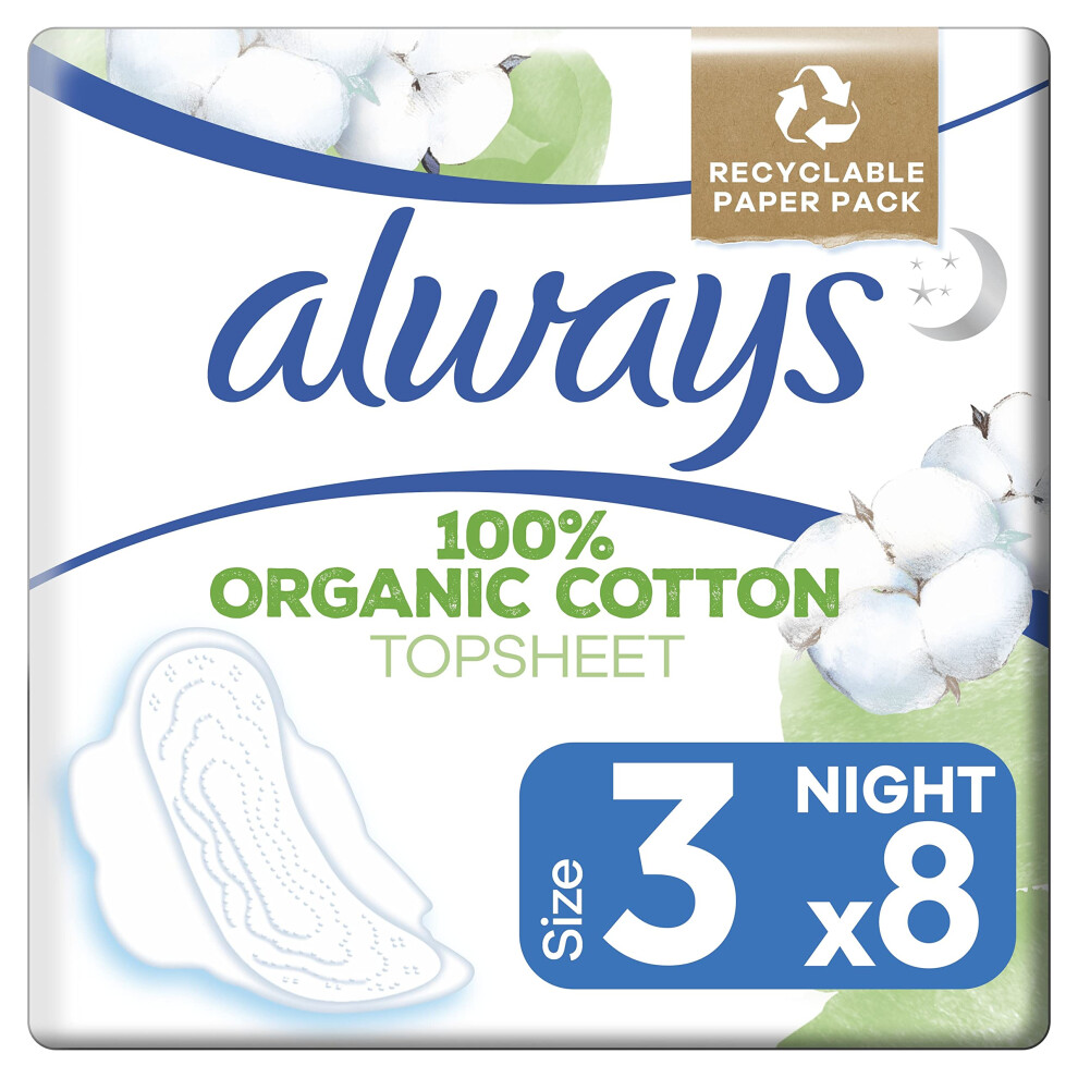 Cotton Protection Ultra Night Sanitary Towels with Wings 8 Pads, 100% Organic Cotton Topsheet