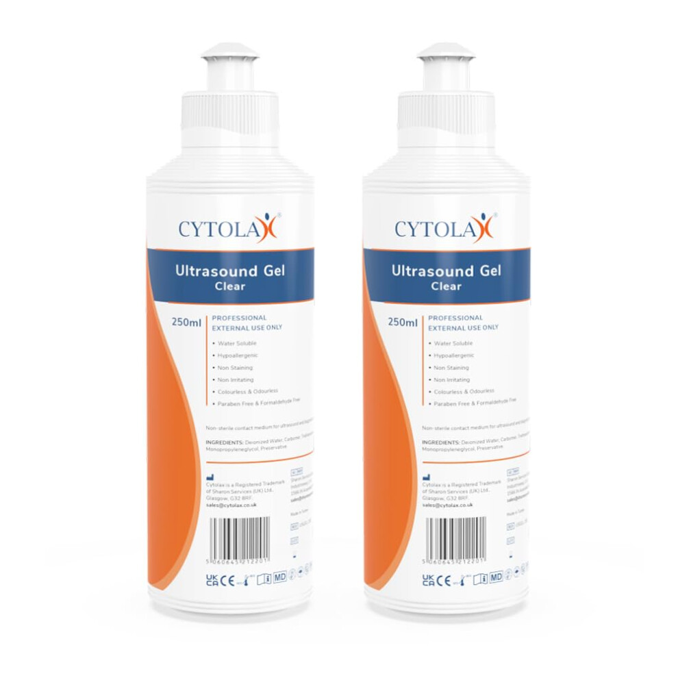 2X 250ml Cytolax Ultrasound Gel, Thick Clear | Conductive High Viscosity Clear Transmission Gel | Doppler Machine | Hypoallergenic Non Irritating Non