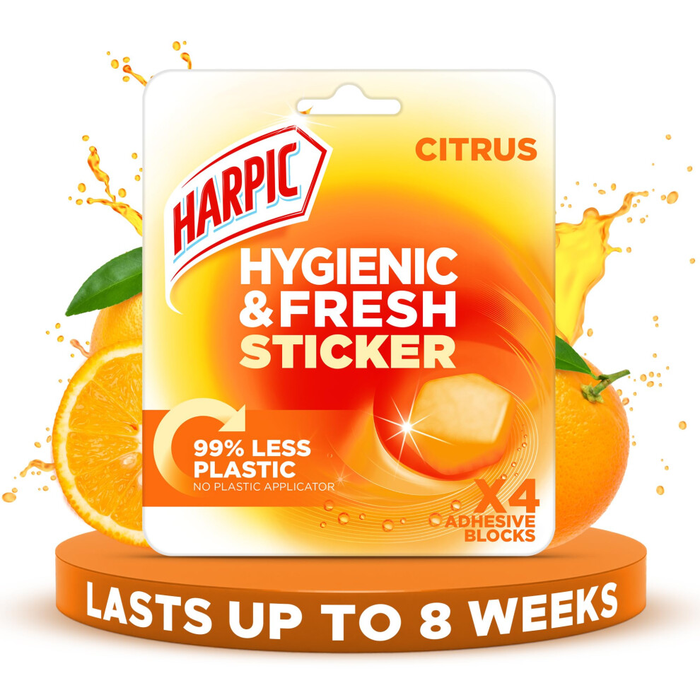 Hygienic Fresh Sticker Adhesive Toilet Block, Citrus , Pack 1 x 4 Stickers, Toilet Freshener, No Plastic Applicator, Up to 8 weeks of Freshness