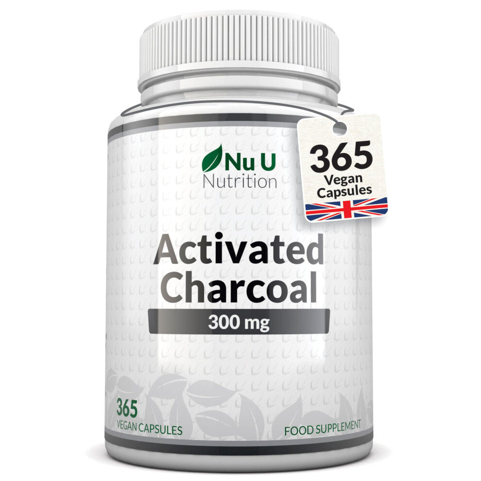 Nu U Nutrition Activated Charcoal 300Mg - 365 Vegan Capsules (Not Tablets) - 1 Year Supply - High Strength Activated Charcoal Supplement - Made In The Uk - Nu U
