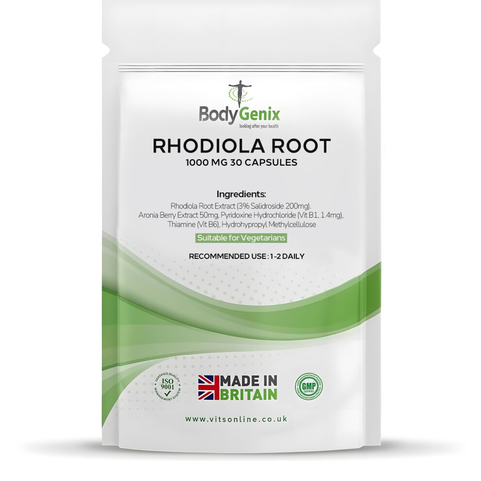 Rhodiola Root Capsules - 1000mg Enhanced Energy Levels Stress Relief Immune System Support Natural Vegan Supplement - 30 Capsules 1 Month Supply