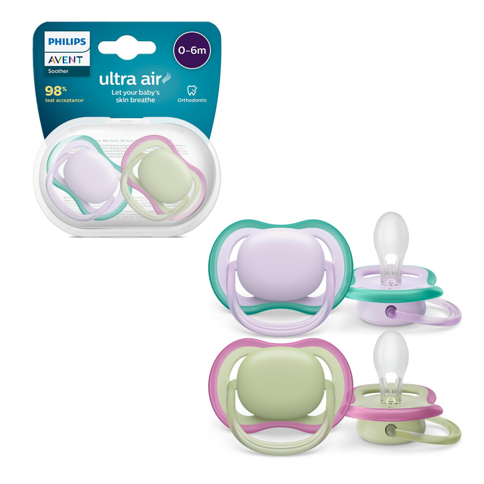 Avent Ultra Air Pacifiers, Light Breathable Pacifiers for Babies Aged 0-6 Months, BPA Free, with Sterilizer Carry Case, 2 Pack, Model SCF085/24