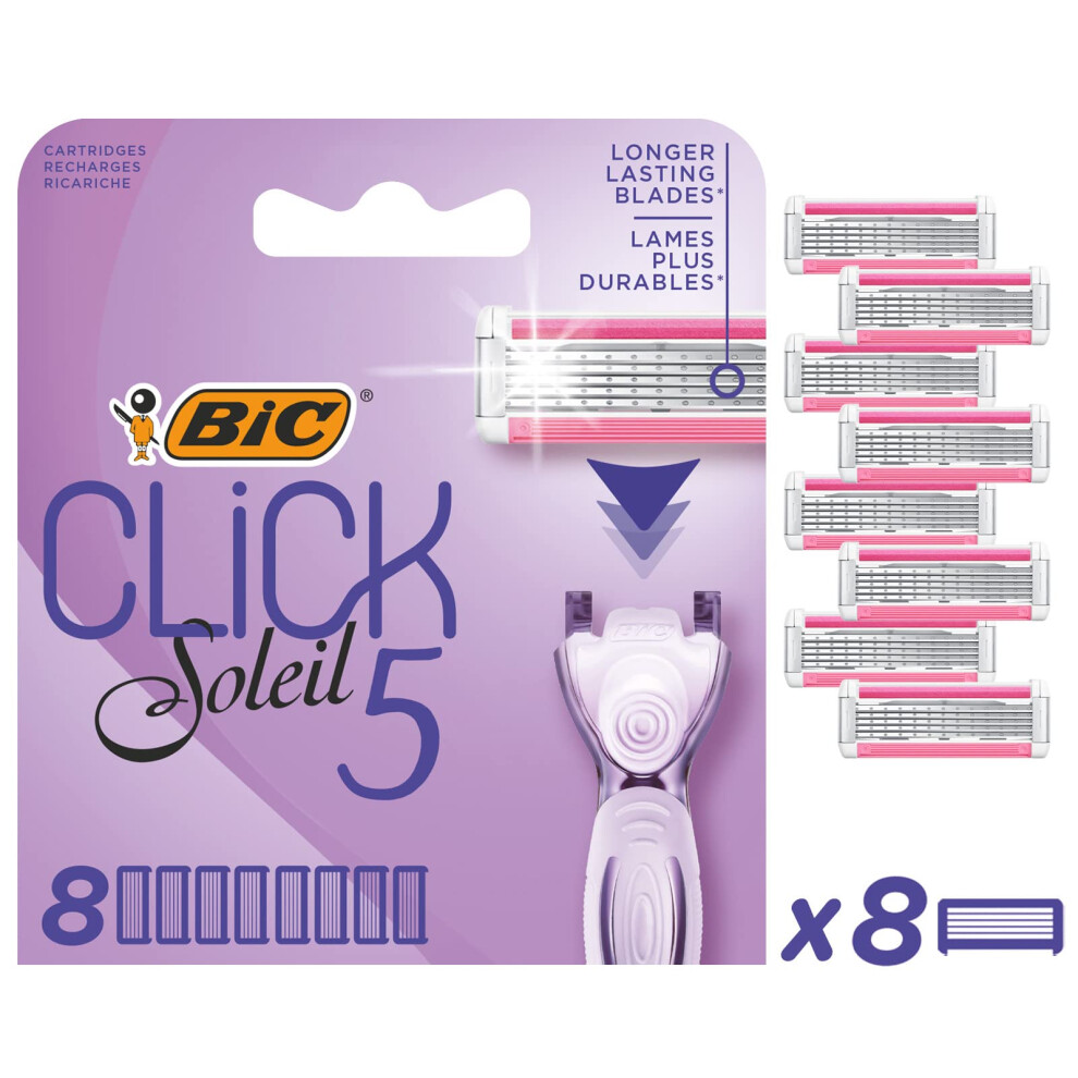 Click 5 Soleil Women's Razor Refills, 3 Moveable Blades and Lubricating Strip - Box of 8 Cartridges, Purple, 8 Count (Pack of 1)