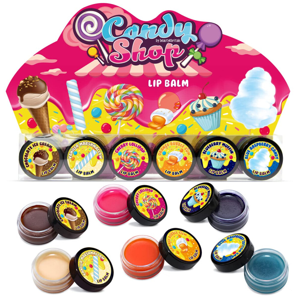 Set of 6 Kids Lip Balm Candy Shop Shining Non-Colour Nourishing Scented Favourite Candies Girls Boys Lip Balm Set