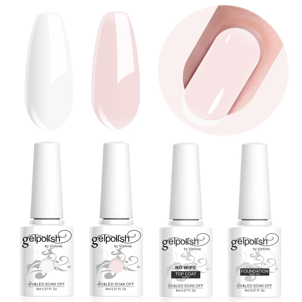 4Pcs French Manicure French White Rose Pink Nail Gel Set, UV LED Gel Base Coat Top Coat Long-lasting Nail Gel Colors Starter Kit 4 Colors 8ml Set