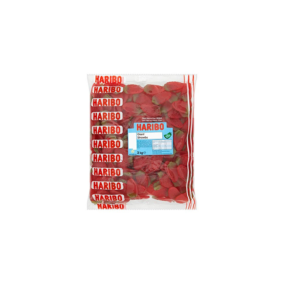 Haribo Giant Strawbs 3Kg Bulk Bag Vegetarian Sweets, (Pack Of 1)