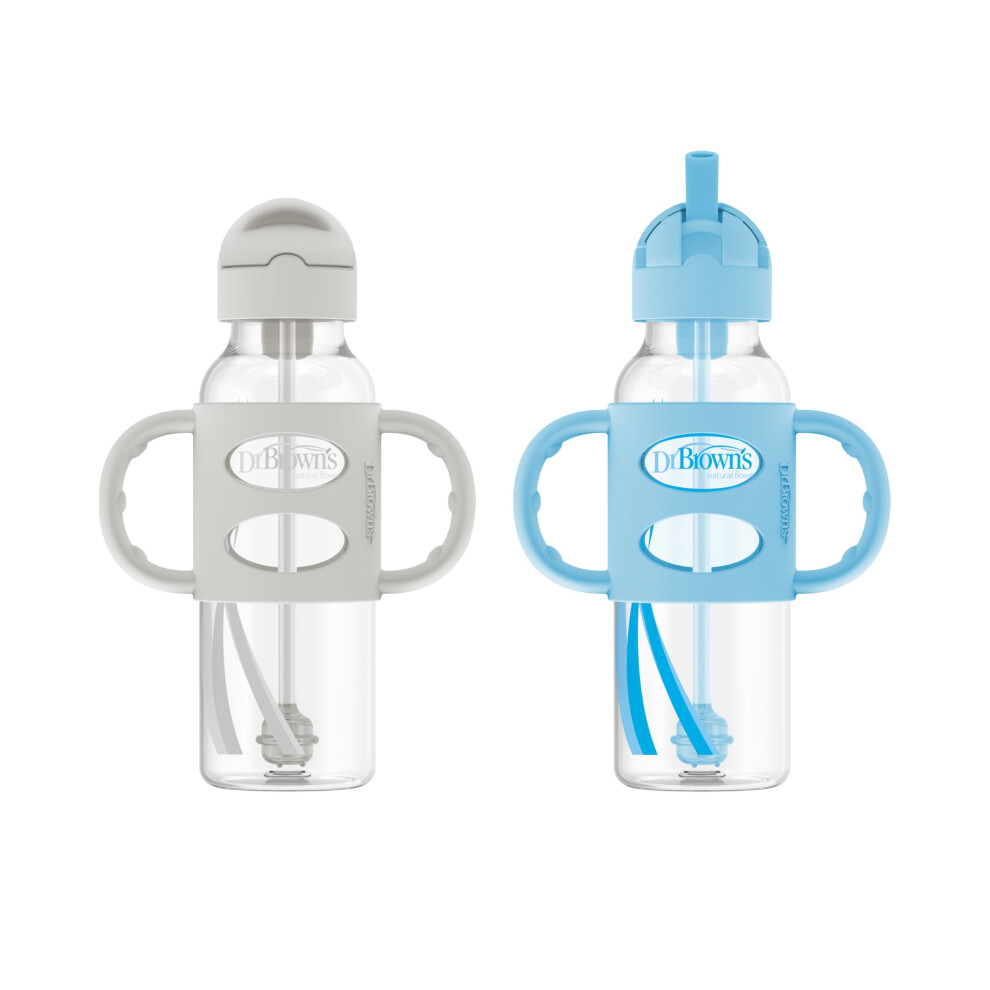 Photos - Baby Bottle / Sippy Cup Dr.Browns Milestones Narrow Sippy Straw Bottle, Spill-Proof with 100 Silicone Handles and Weighted Straw, 8 oz/250 mL, Gray & Blue, 6m 