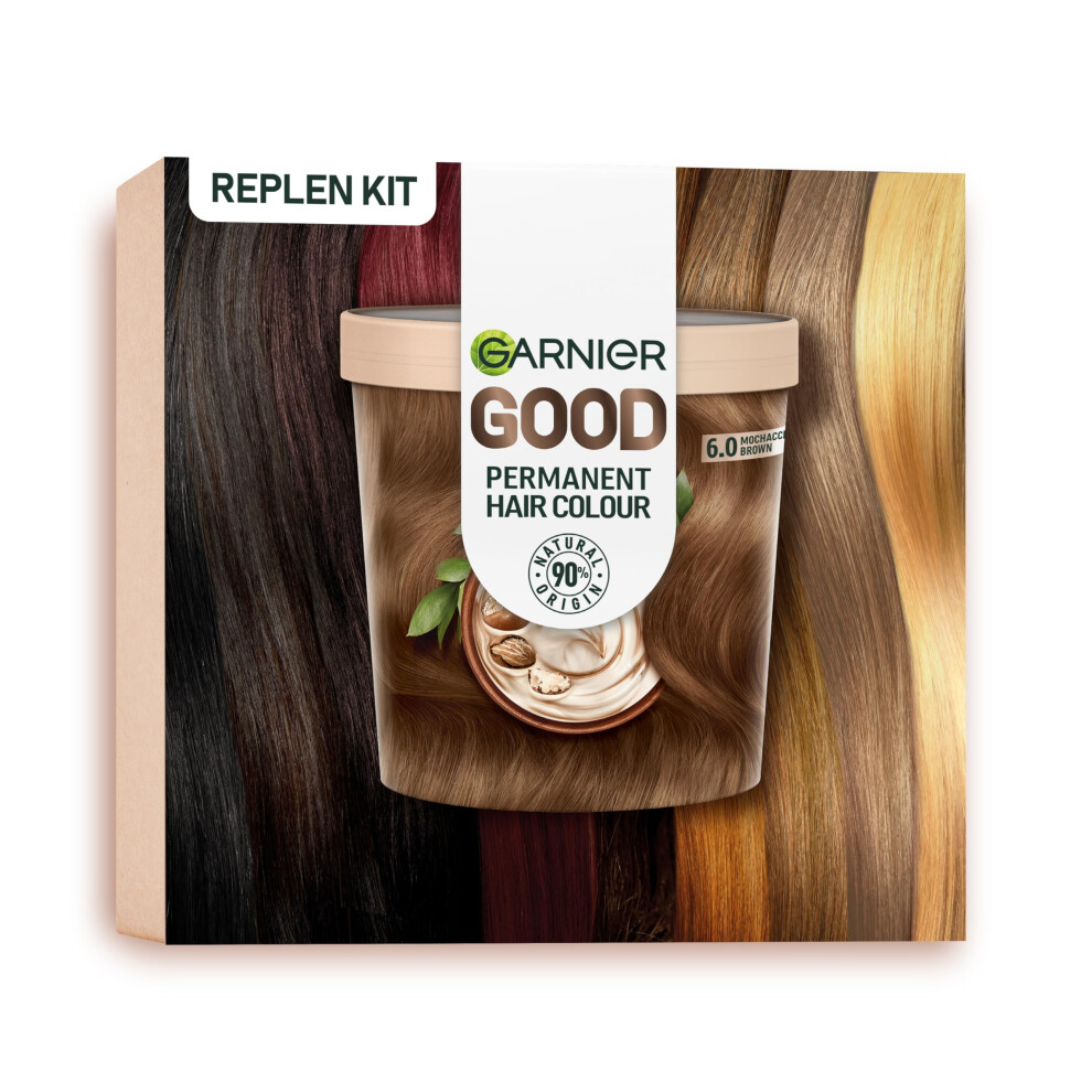 Good Permanent Hair Dye Replen Kit, 6.0 Mochaccino Brown, Up To 100% Grey Coverage, 8 Weeks Long-Lasting Colour, No-Drip Application