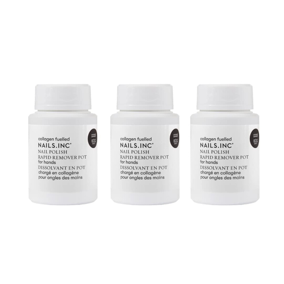 Nails.INC Nail Polish Remover Pot Trio, Formulated with Collagen to Promote Nail Strength and Growth, Coconut Scented, Acetone Free, Cruelty Free,