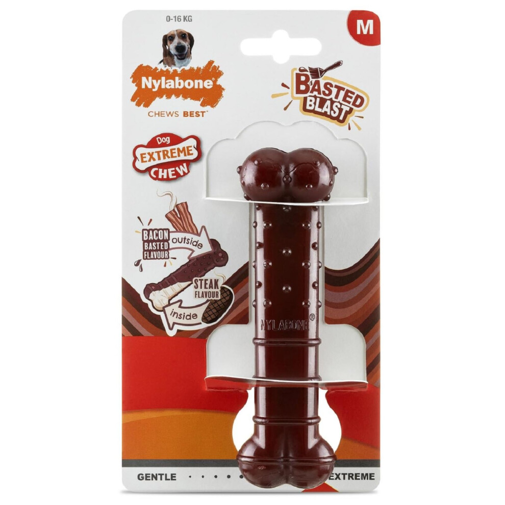 Basted Blast Extreme Chewers Tough Nylon Dog Chew Toy Bone, Durable, Boredom Breaker, Cleans Teeth, Bacon and Steak Flavour, Medium, For Dogs 0-16kg