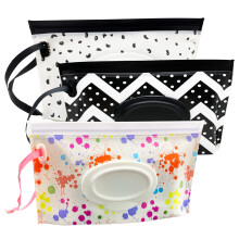 3 Pack Portable Wet Wipe Pouch Dispenser, Reusable Baby Diaper Disposal Bags, Refillable Personal Travel Clutch Dispenser Holder (Wave, Feather &